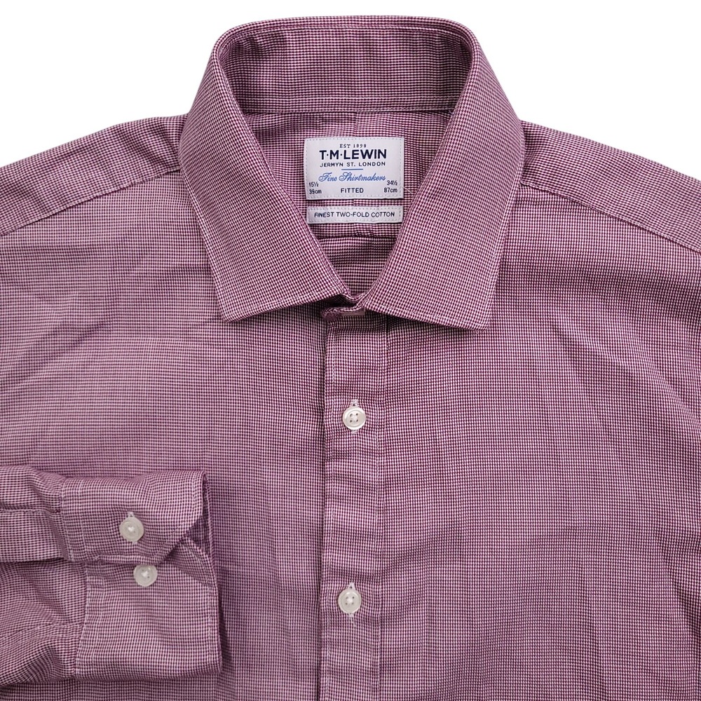 T.M. Lewin Dress Shirt Mens 15.5 34.5 Fitted Red Houndstooth Two Fold Cotton